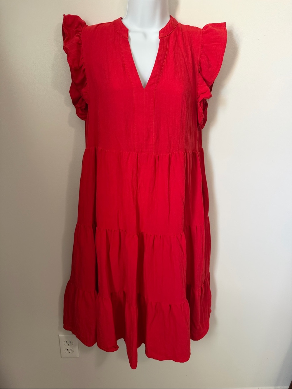 entro Red Tiered V-Neck Flutter Sleeve Midi Dress
